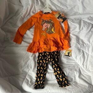 NWT Halloween Unicorn Candy Corn Outfit Leggings,Long Sleeve,Hair Clip